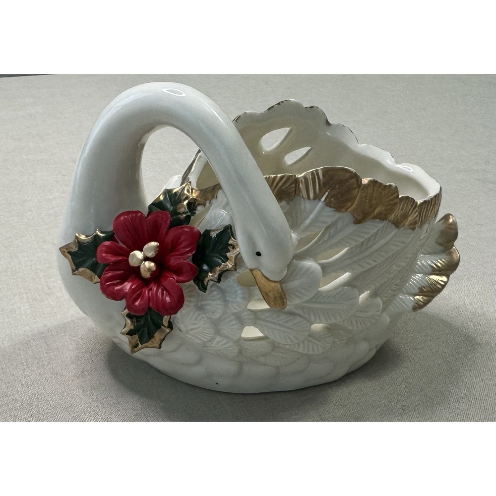 Vintage Swan Planter Bowl White Ceramic Gold‎ Trim Poinsettia Christmas Decor